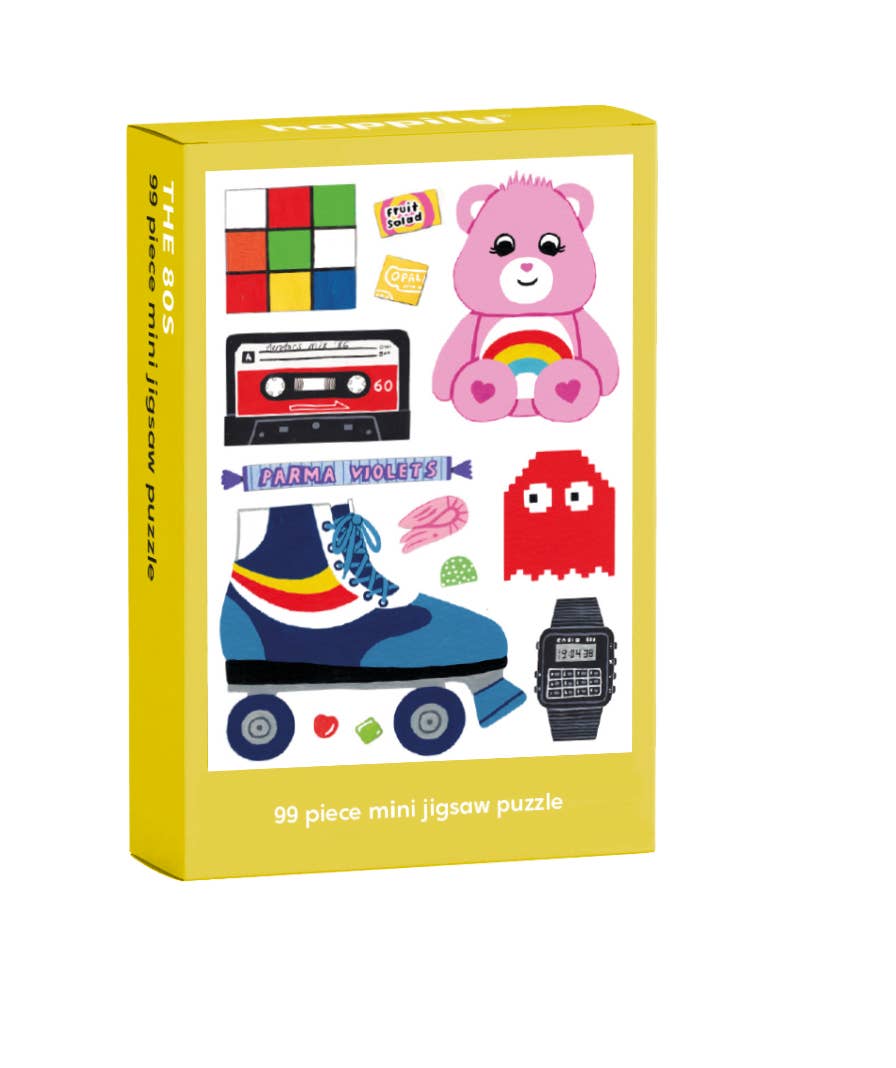 Yellow box of a mini jigsaw puzzle with colorful graphics on a white background