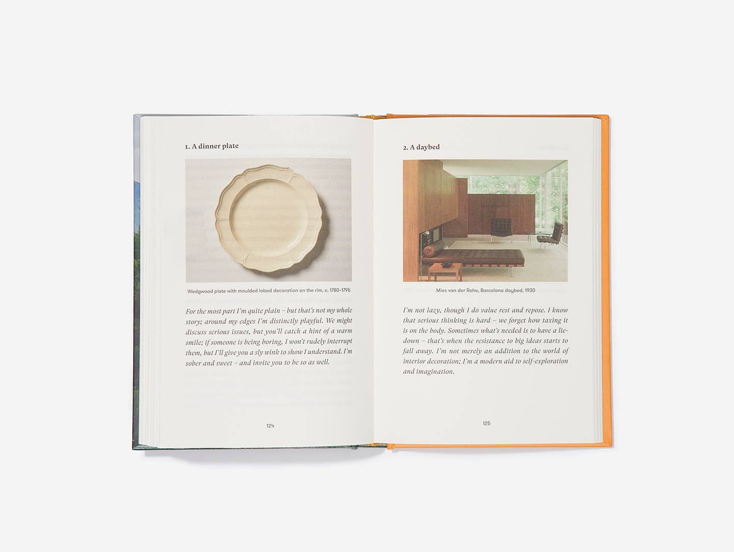 Open book with images of a ceramic plate and a room interior on a white background