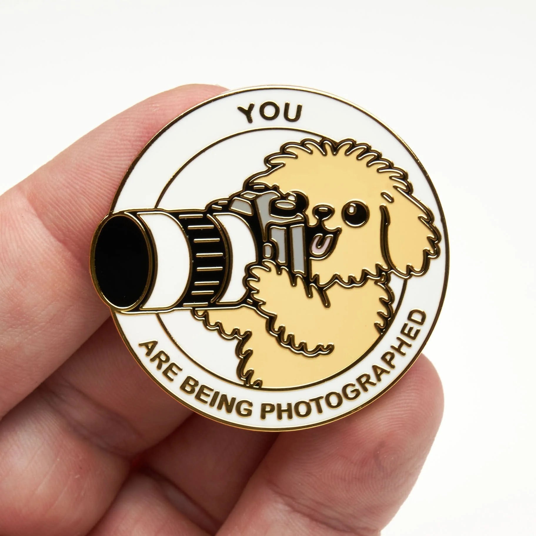 A hand holding a round enamel pin featuring a small fluffy dog holding a camera, with the text 'YOU ARE BEING PHOTOGRAPHED' on a white background.