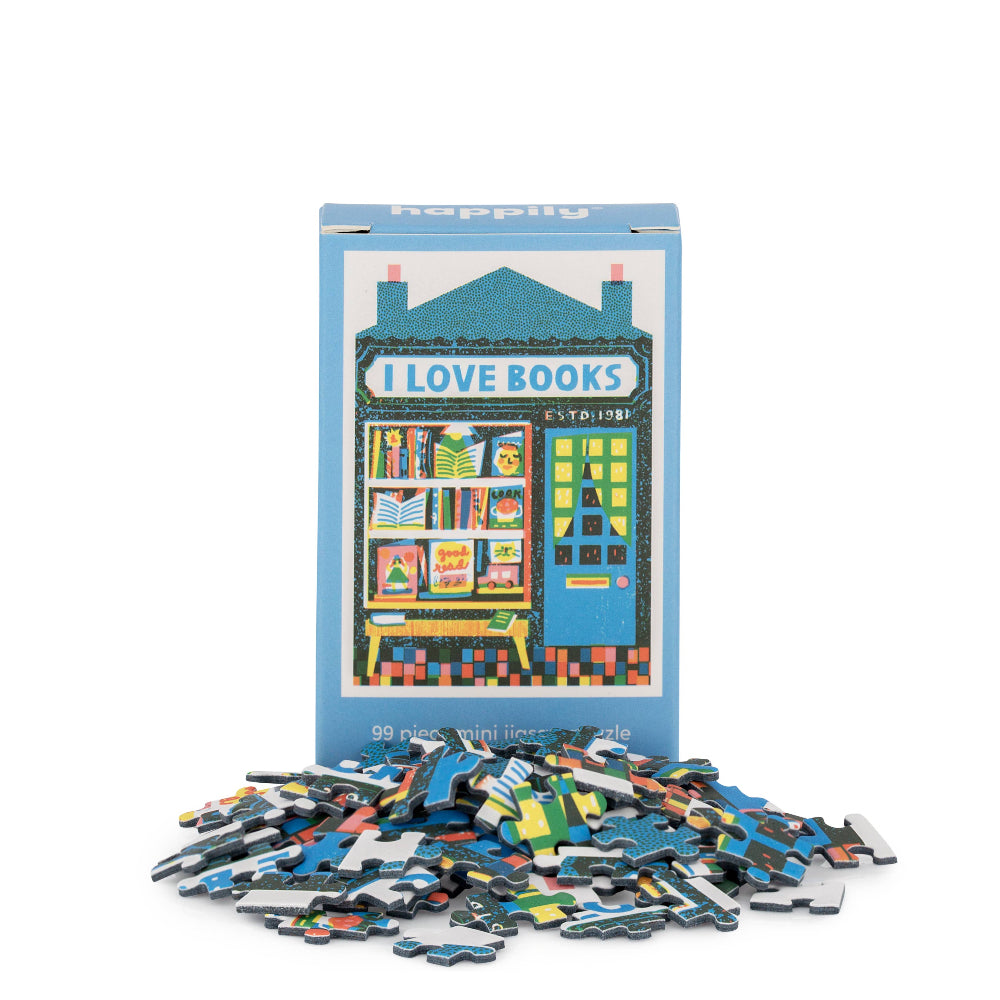 Puzzle with pieces and packaging featuring a bookshop design on a white background