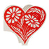 Red heart-shaped decorative item with white floral patterns on a white background