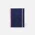 Navy blue notebook with pink and white spiral binding on a white background