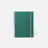 Green notebook with spiral binding on a white background