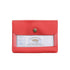 A red plastic file folder with a clear front window displaying a white insert card, featuring a snap-button closure.