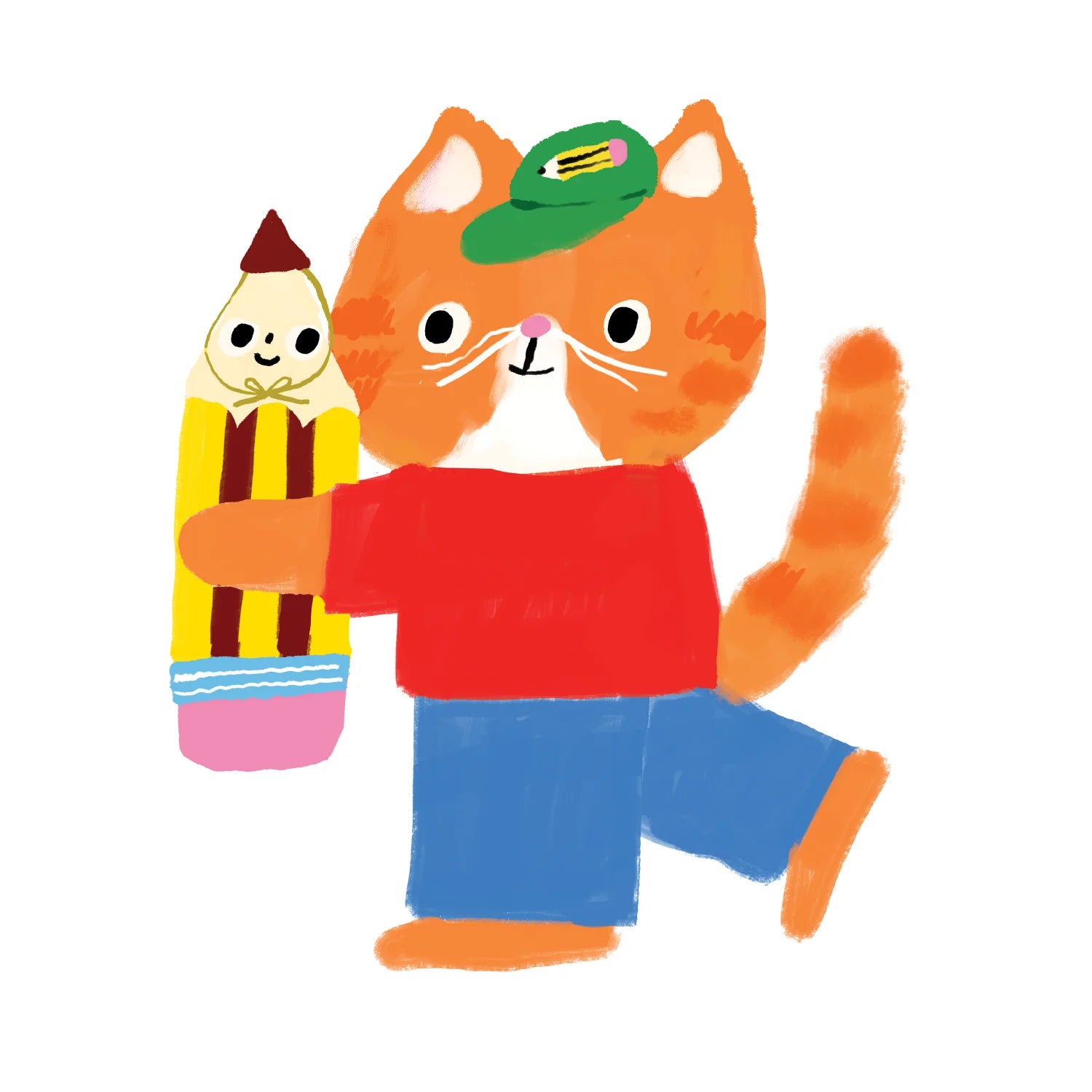 Vinyl Sticker with Illustration of a cat holding a pencil character on a white background