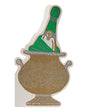 Decorative bottle with green label and gold design on a white background