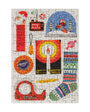 Christmas-themed puzzle with colorful illustrations on a white background