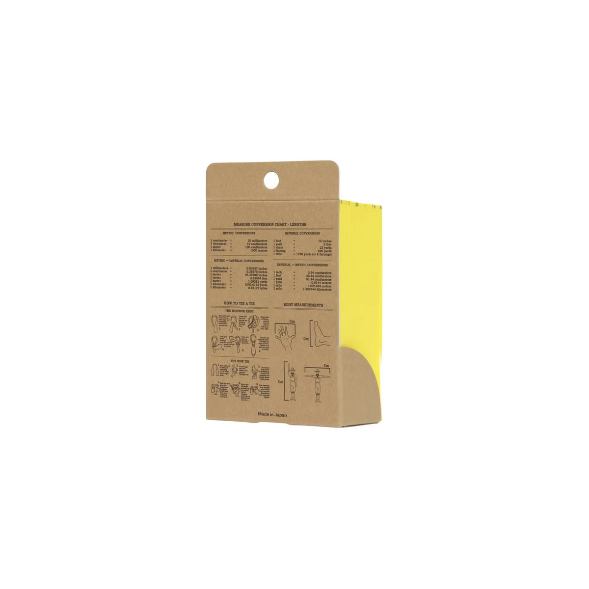 A brown kraft paper shoe box with printed sizing and measurement charts on the front, partially revealing a bright yellow insert or backing on the right side, set against a plain white background.