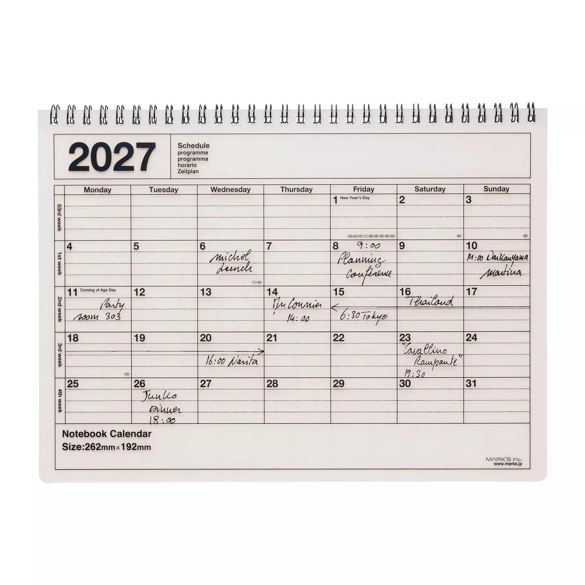 Notebook calendar for 2027 with daily scheduling grid on a white background