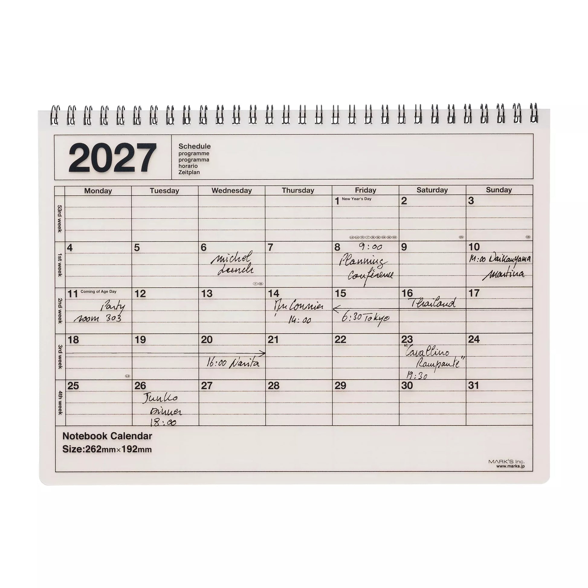 Notebook calendar for 2027 with daily scheduling grid on a white background