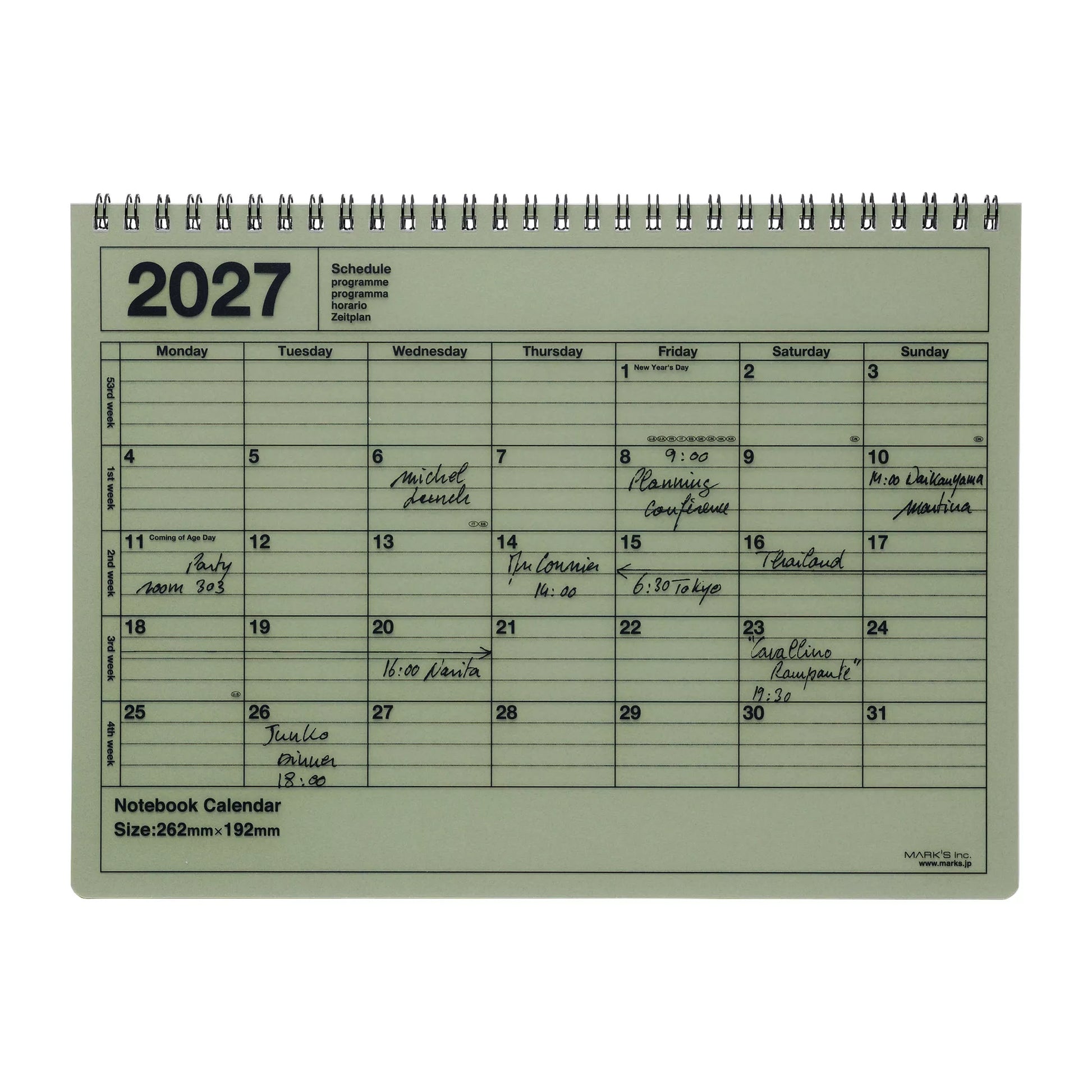 Green notebook calendar for 2027 on a white background