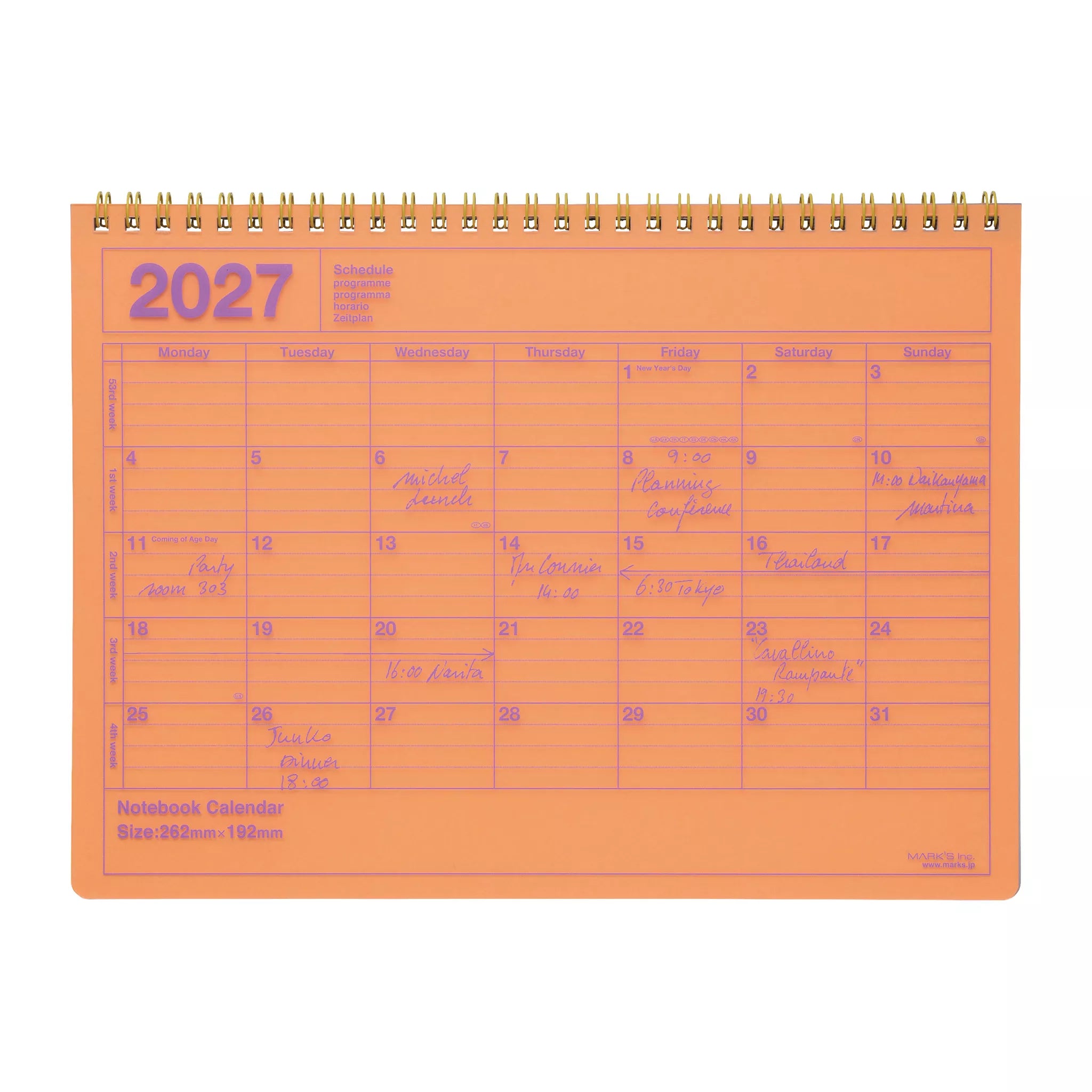 Orange notebook calendar for 2027 on a white background
