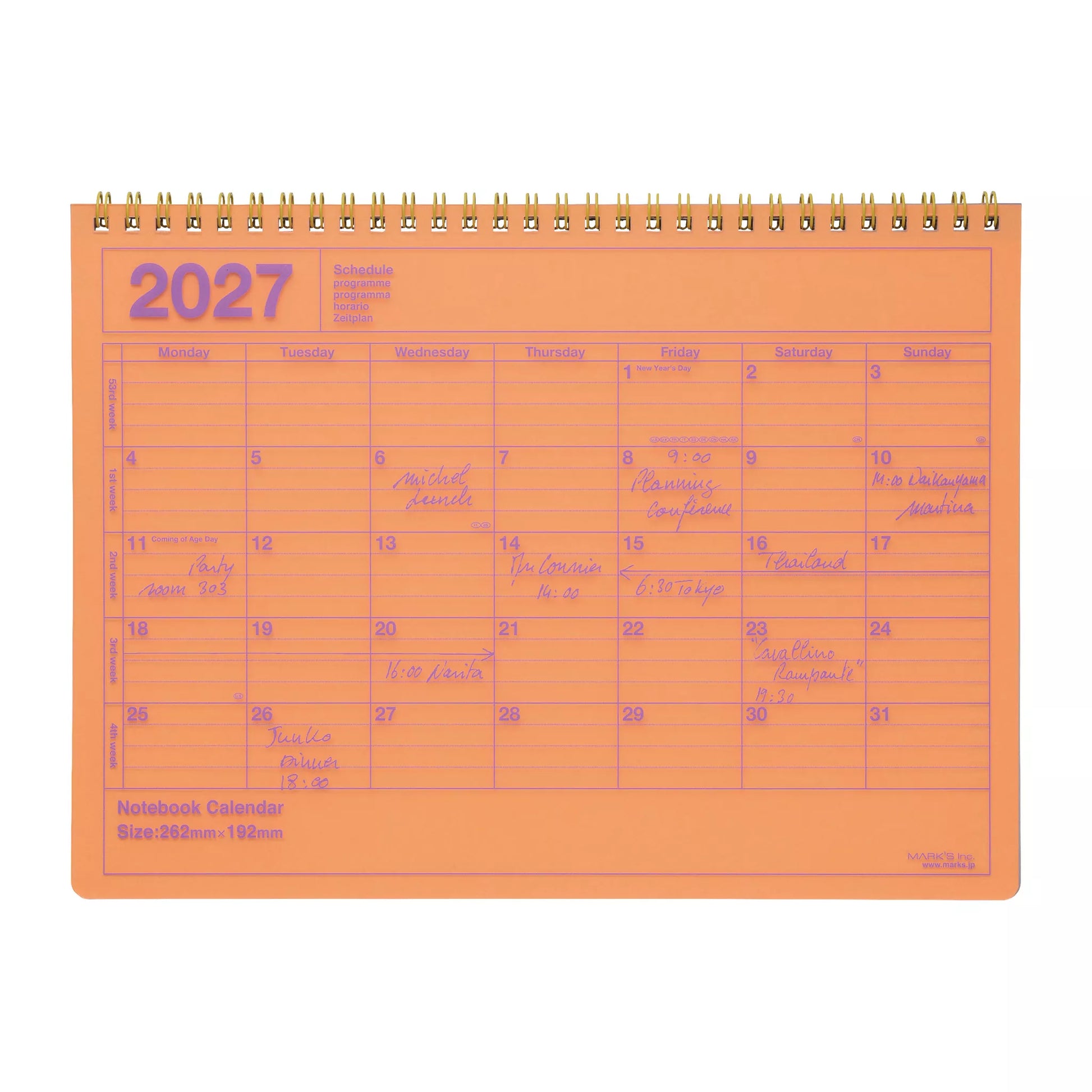 Orange notebook calendar for 2027 on a white background