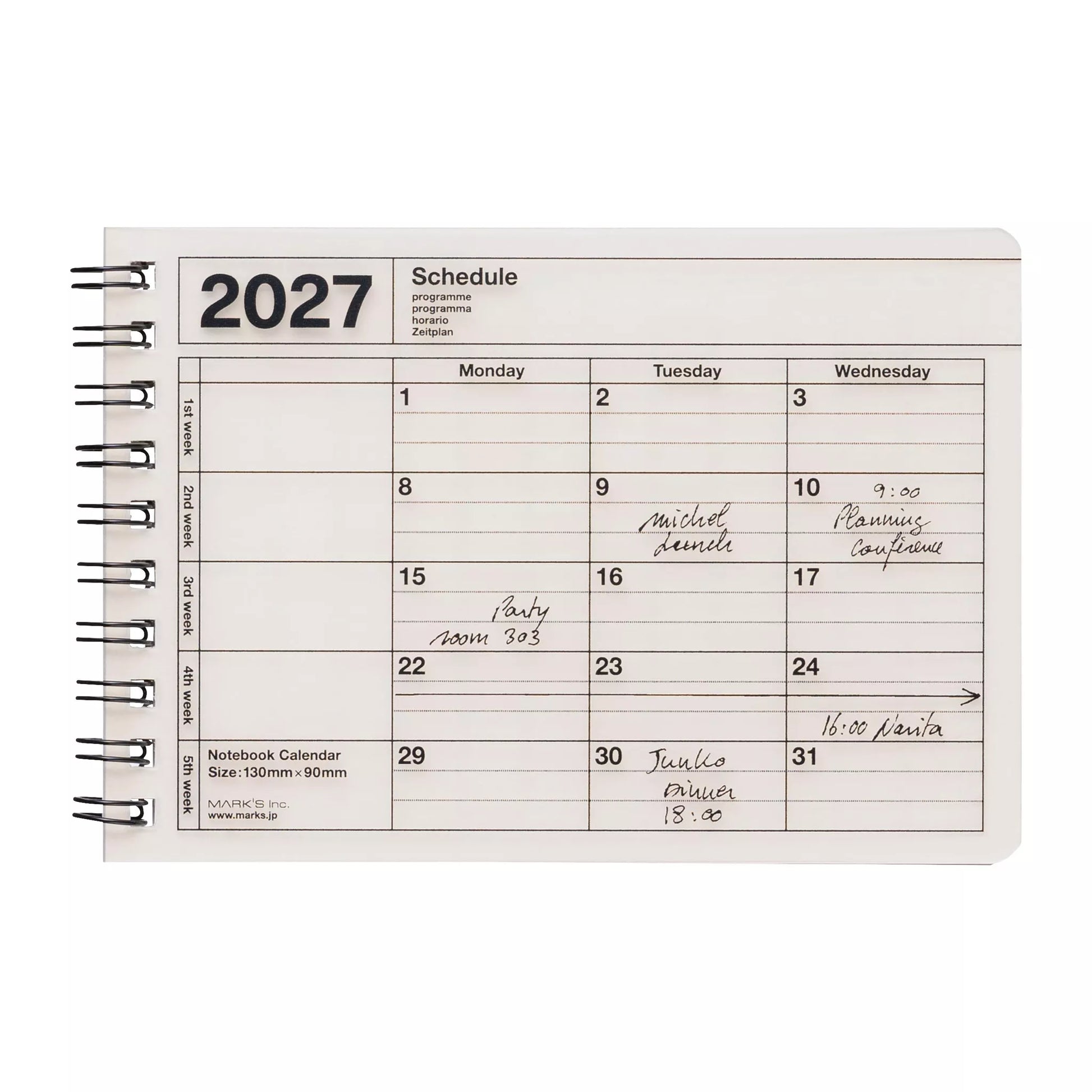 Notebook calendar for 2027 with handwritten entries on a white background