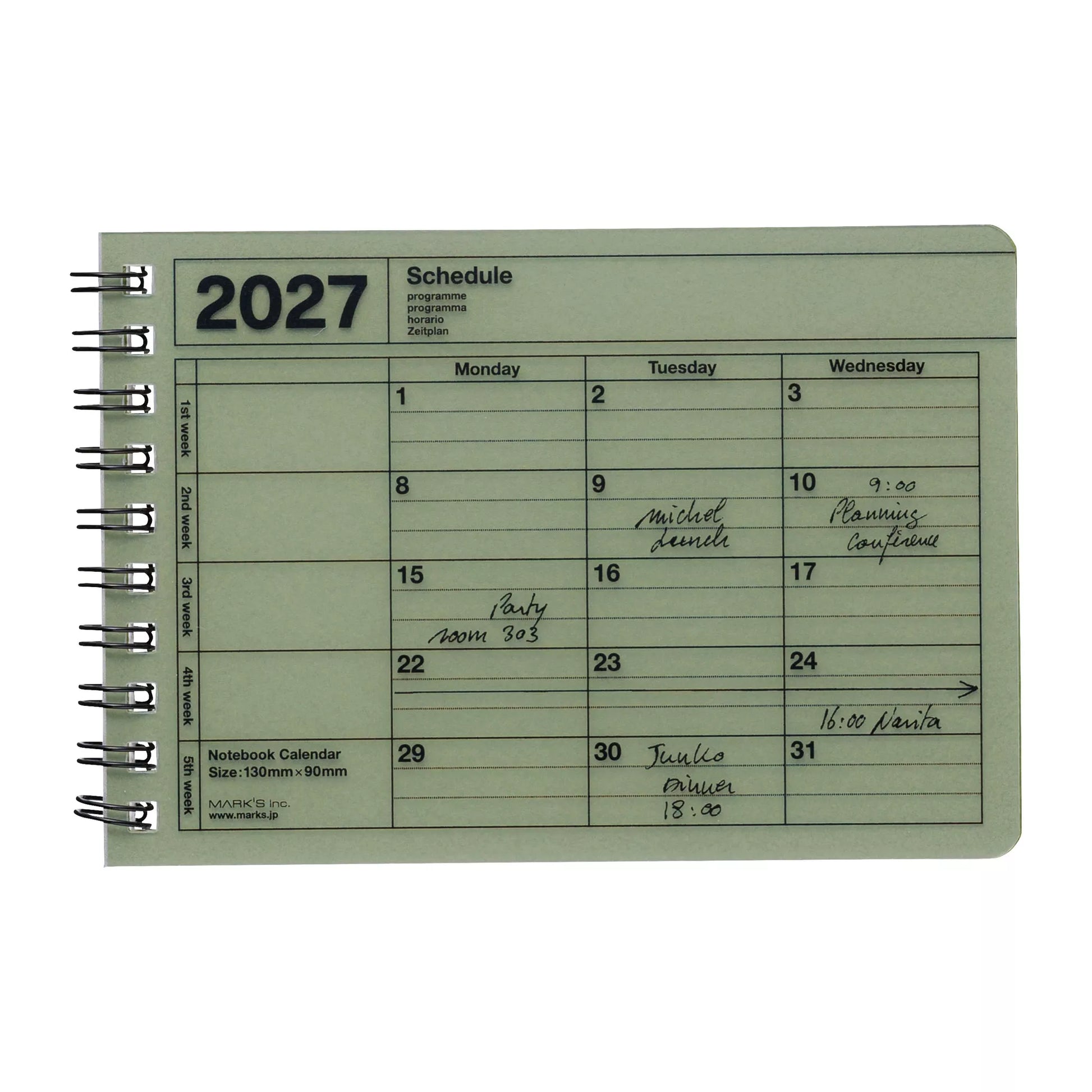 Green notebook calendar for 2027 with handwritten entries on a white background