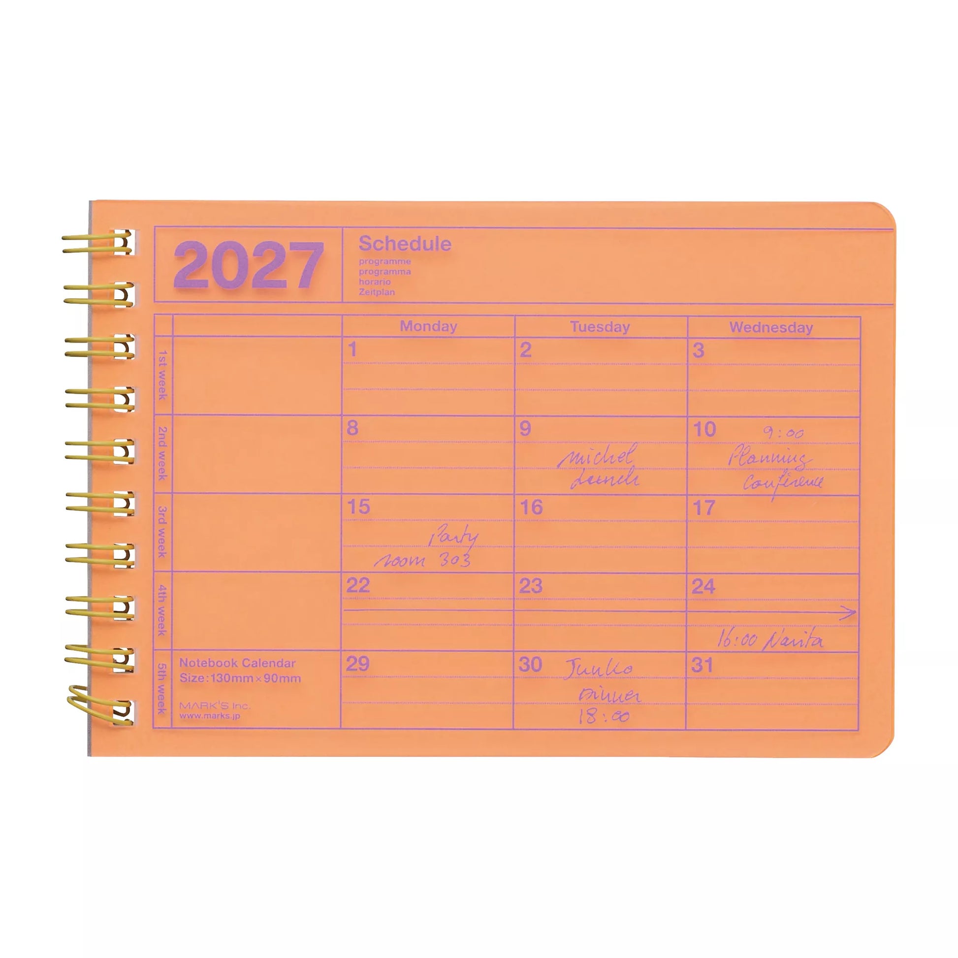 Orange spiral-bound calendar for 2027 with purple text on a white background