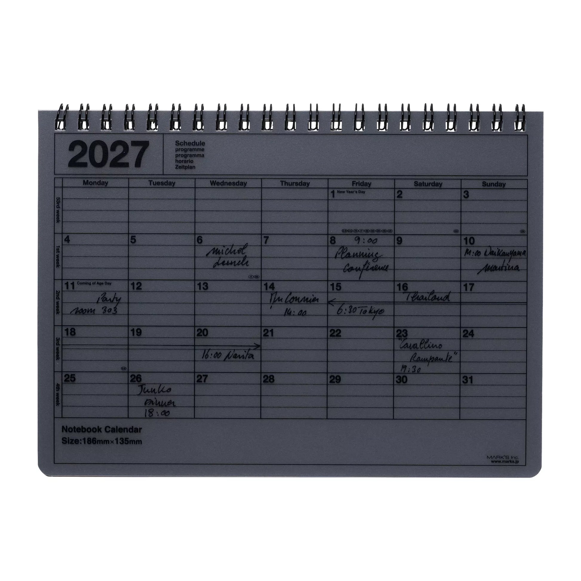 Black notebook calendar for 2027 on a white background