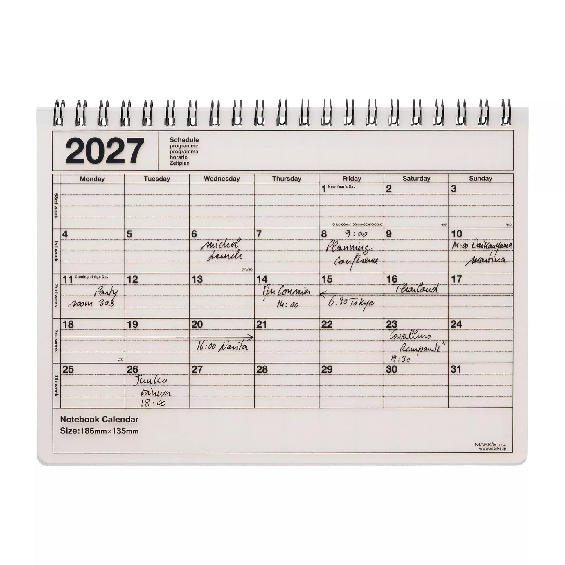 Calendar for the year 2027 with a white background