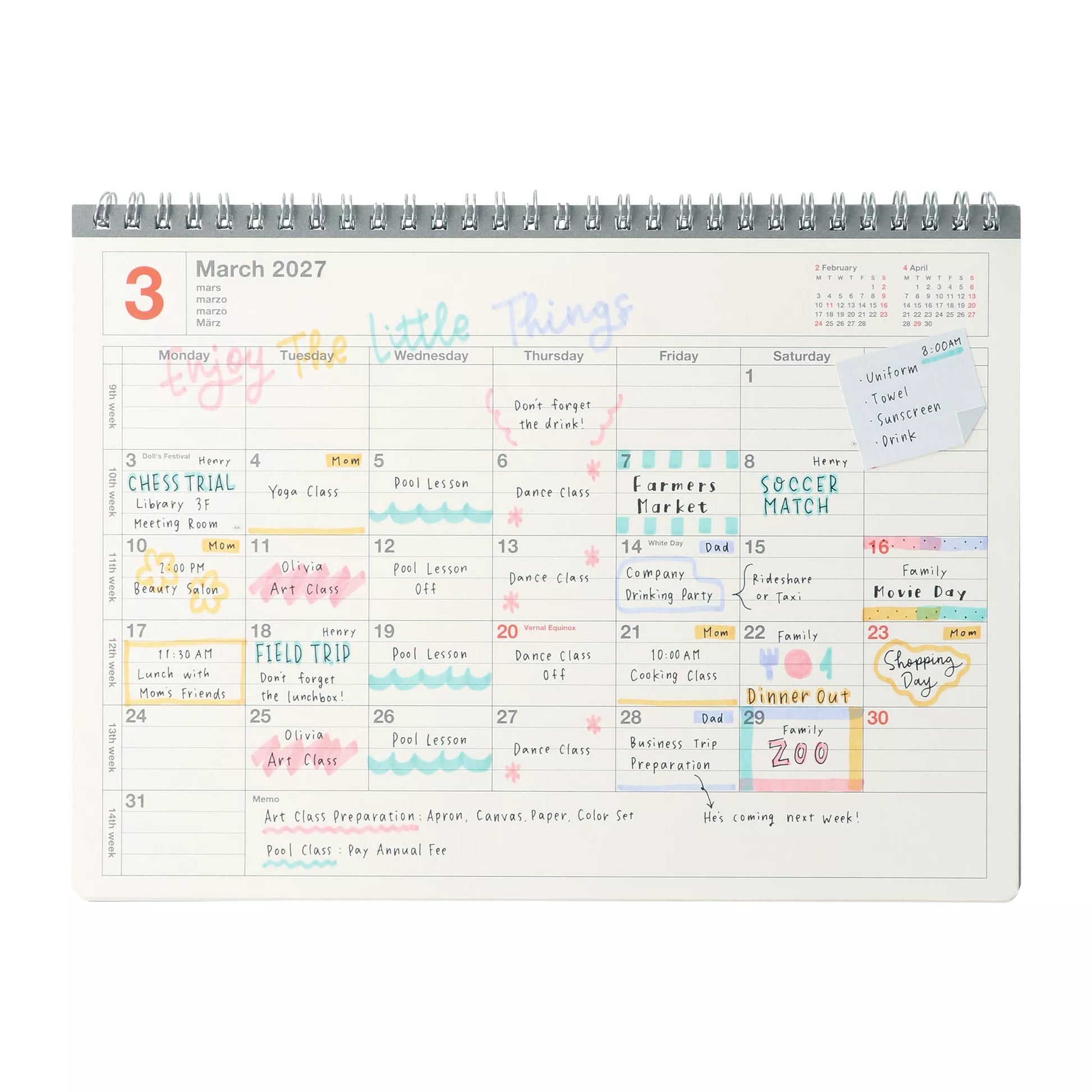 Monthly planner with colorful events and notes on a white background