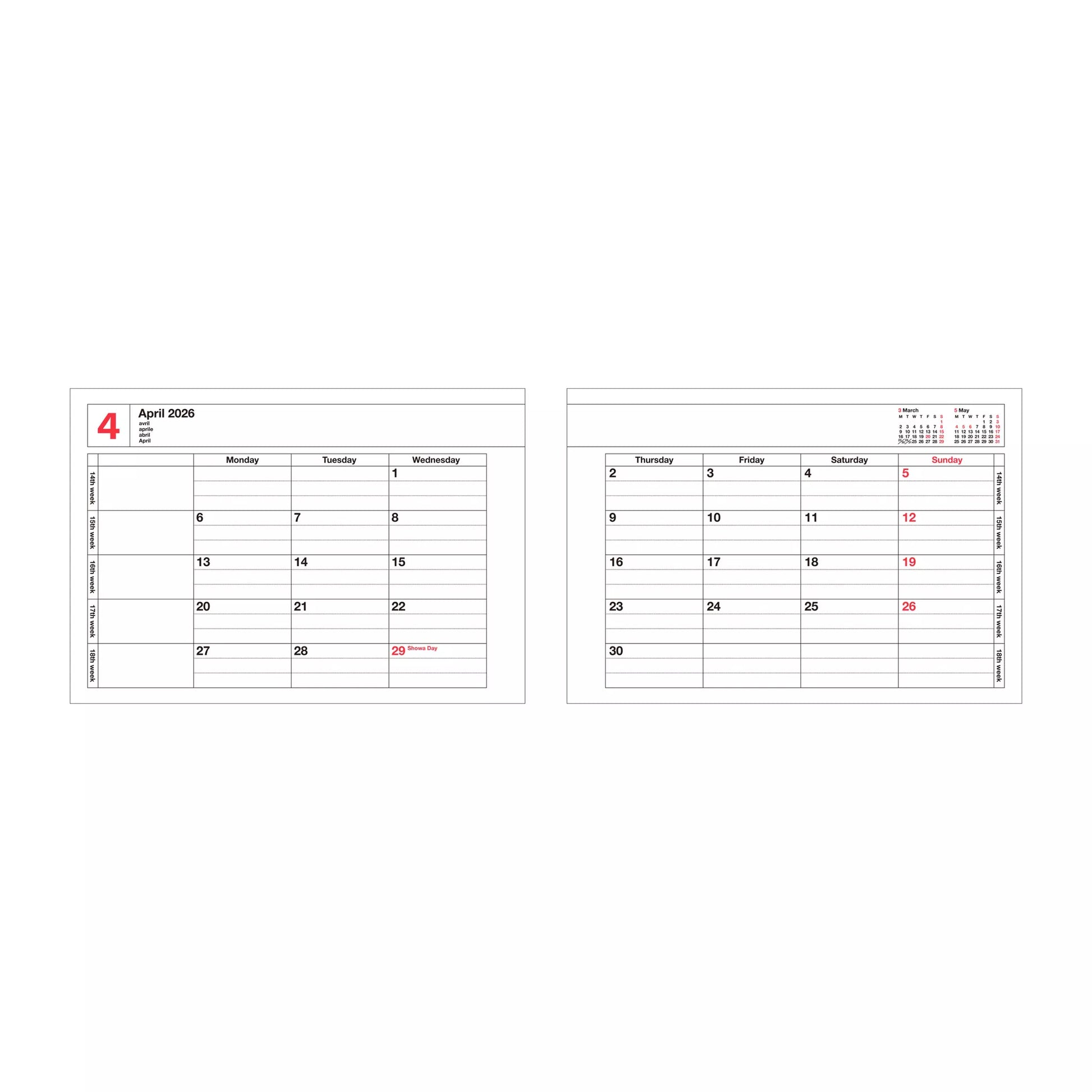 Two views of a compact monthly calendar page for April 2026, shown side by side on a plain white background. The left view shows the front with the red number 4 and weekly grid; the right view shows the back with a small monthly calendar inset at the top right.