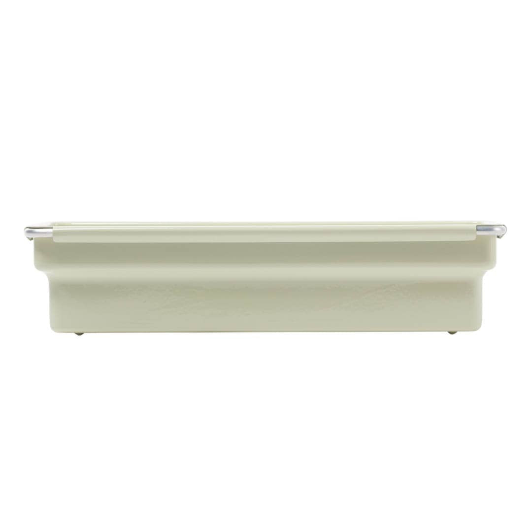 An off-white rectangular plastic storage bin with a ribbed base and a silver metal handle on each end, shown against a plain white background.