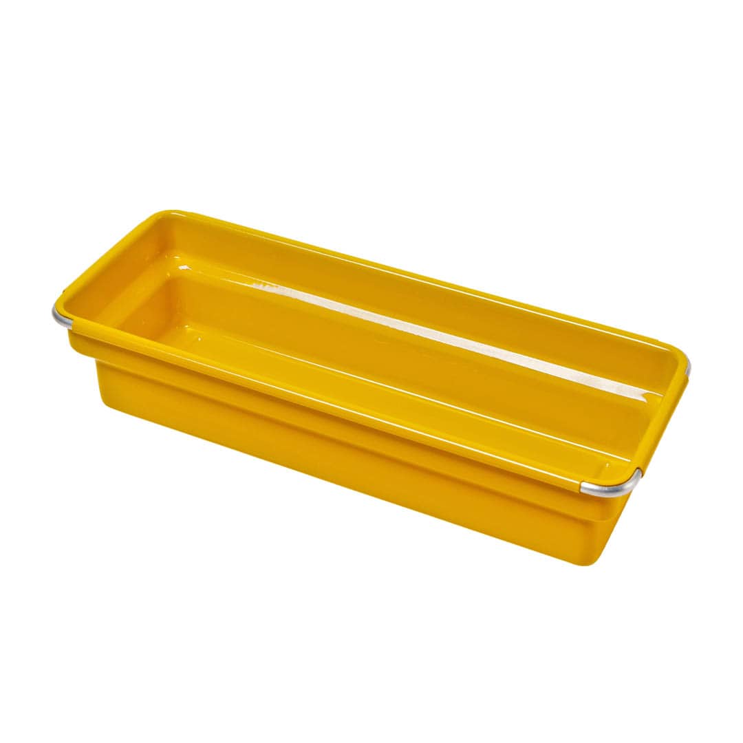 A bright yellow rectangular plastic tray with a shallow depth and a small silver metal clip on one end, shown on a plain white background.