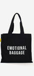 Black tote bag with 'EMOTIONAL BAGGAGE' text on a white background