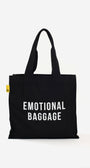 Black tote bag with 'EMOTIONAL BAGGAGE' text on a white background