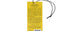 Yellow tag with text and a black cord on a white background