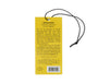 Yellow tag with text and a black cord on a white background
