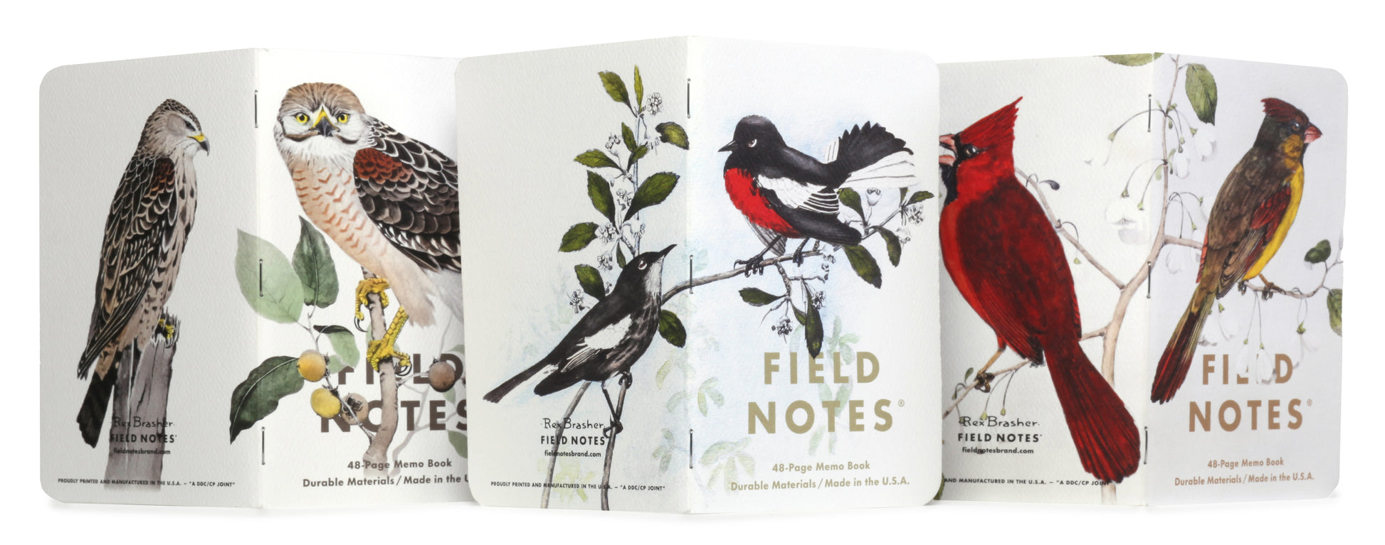 Five Field Notes notebooks with bird illustrations on their covers.