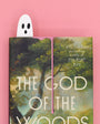Book titled 'The God of the Woods' with a ghostly figure on a pink background