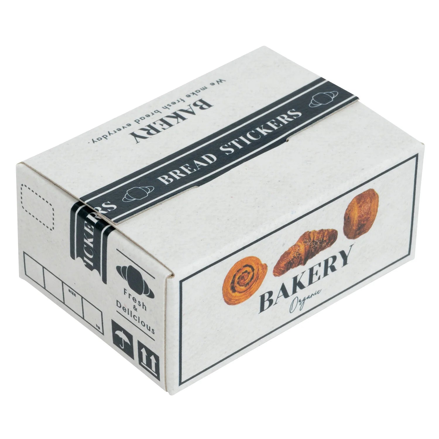 Box of bakery bread stickers with branding on a white background