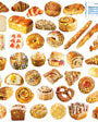 Assorted bakery items including bread, pastries, and donuts on a white background.