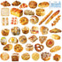 Assorted bakery items including bread, pastries, and donuts on a white background.
