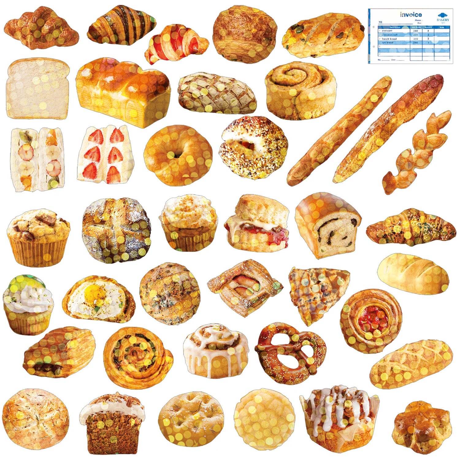 Assorted bakery items including bread, pastries, and donuts on a white background.