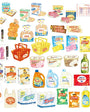 Collection of miniature grocery items including food packages, a basket, and cleaning products on a white background.