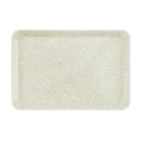A rectangular ceramic serving tray with rounded corners, featuring a speckled, textured glaze in a light cream-beige color, shown from a top-down view on a white background.