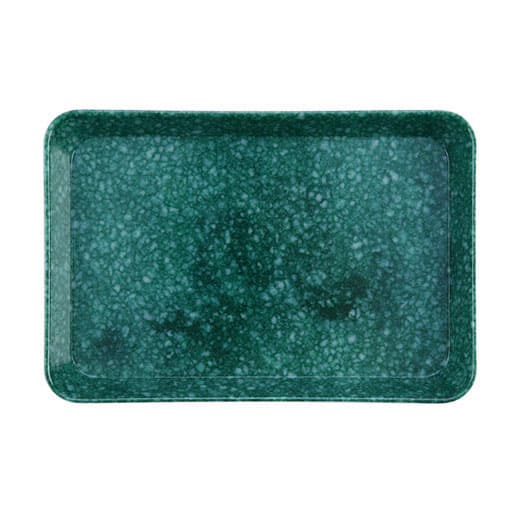 Green rectangular tray with speckled pattern on a white background