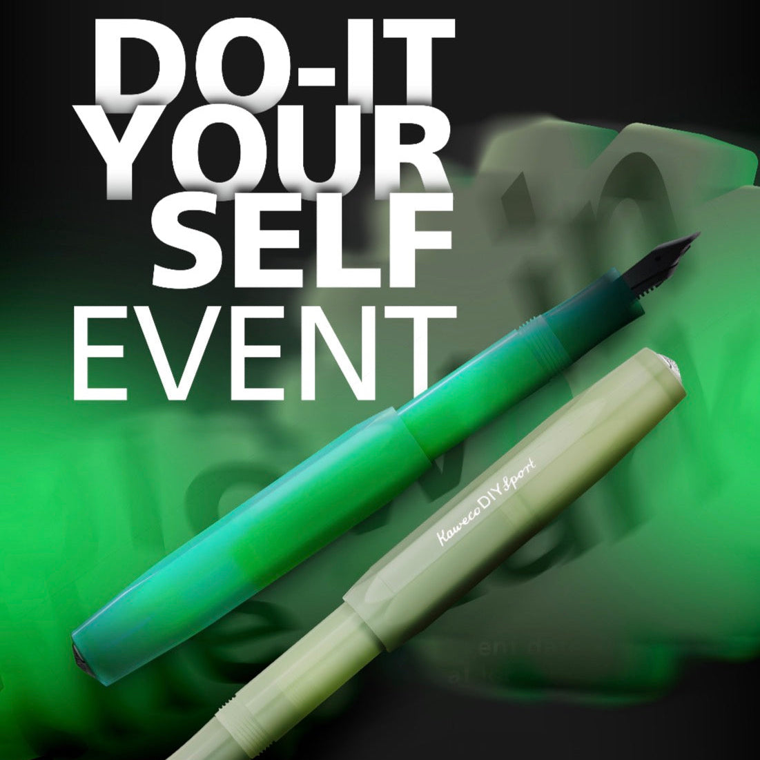 Promotional graphic for the Kaweco Kaine Co. Kuvings 351 Japan fountain pen, showing two views of the pen (one filled with green ink, one empty) against a dark background with a green blurred hand and bold white text reading 'DO-IT YOUR SELF EVENT'.