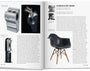 Open book showing a design book with images of a chair and text about Charles & Ray Eames.