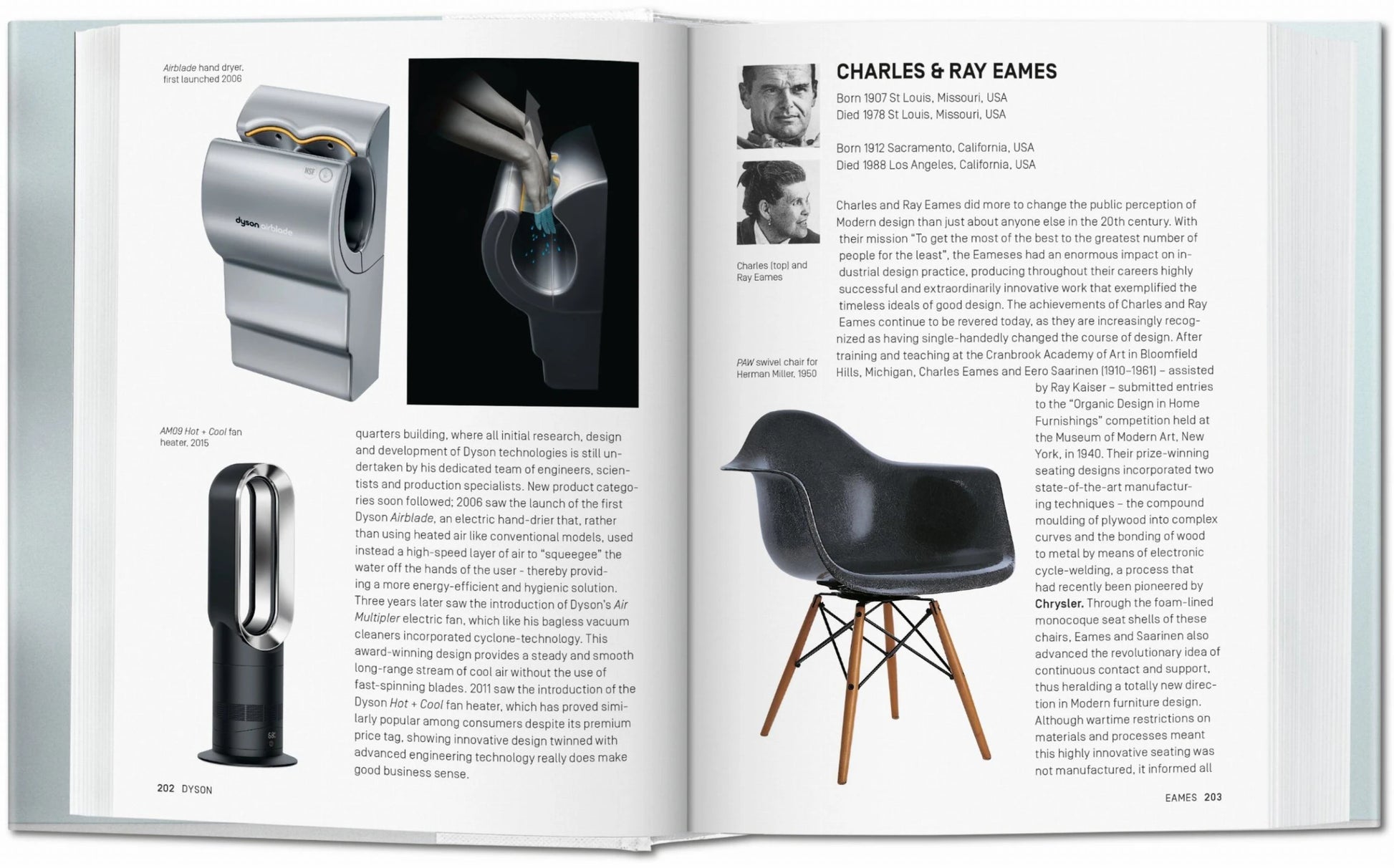 Open book showing a design book with images of a chair and text about Charles & Ray Eames.