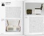 Open book showing a page with text and images of furniture designs by Dieter Rams.