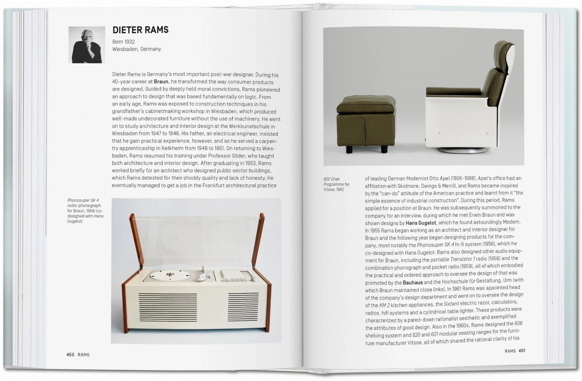 Open book showing a page with text and images of furniture designs by Dieter Rams.