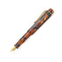 A Kaweco Art fountain pen with a tortoiseshell patterned barrel in brown and amber tones, accented with gold-toned metal trim and clip, and a gold nib at the tip.