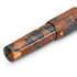 A close-up of a pen barrel with a glossy tortoiseshell pattern in brown, amber, and black, set against a plain white background.