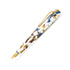 kaweco fountain pen with a marbled resin body in white, gold, and navy blue, featuring a polished gold clip and end cap.