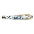 A luxury pen with a marbled resin body in white, blue, and gold, featuring a polished gold metal clip and trim, set against a plain white background.