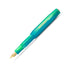 A fountain pen with a translucent green and blue gradient barrel and a gold nib, shown diagonally on a white background.