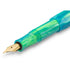 A close-up of a fountain pen nib and upper barrel showing a translucent green and blue marbled resin finish with a gold nib.